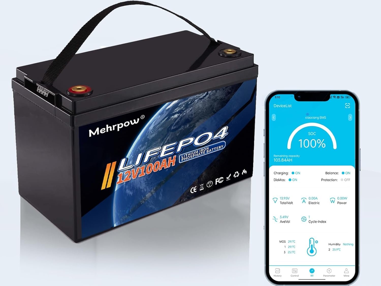 12V 100Ah LiFePO4 Lithium Battery, Bluetooth Lithium Battery