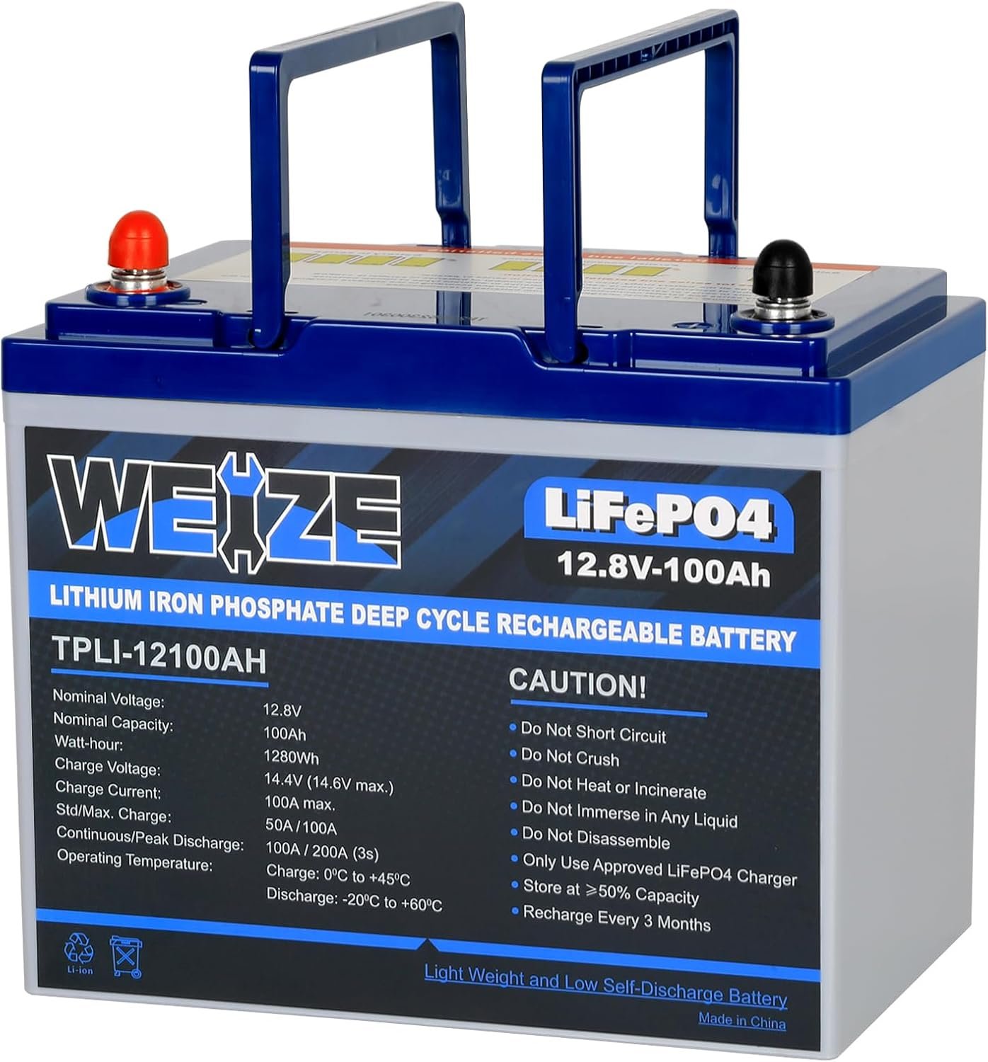 WEIZE 12V 100Ah LiFePO4 Lithium Battery