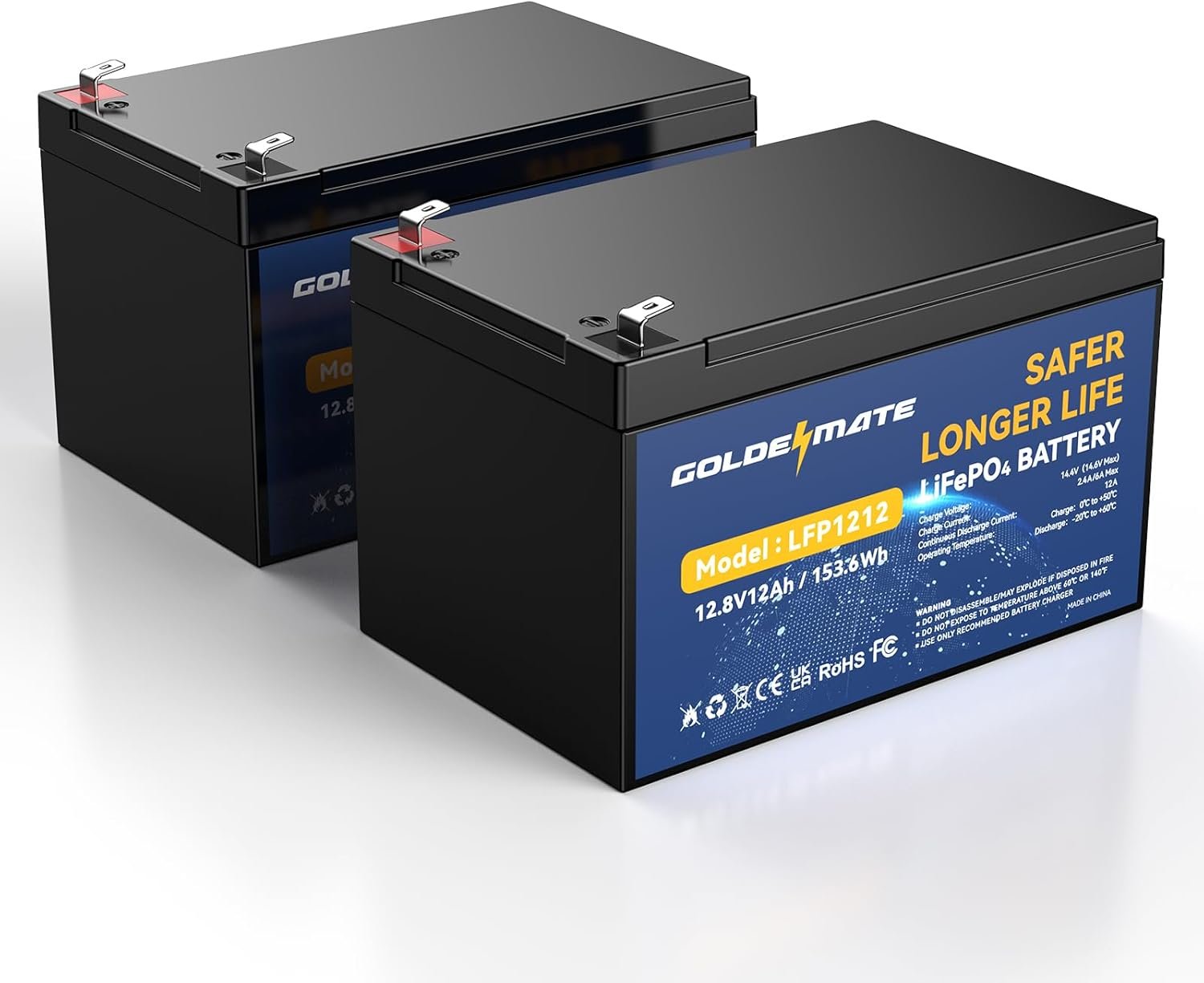 GOLDENMATE 12V 12Ah Lithium LiFePO4 Deep Cycle Battery 2 Pack