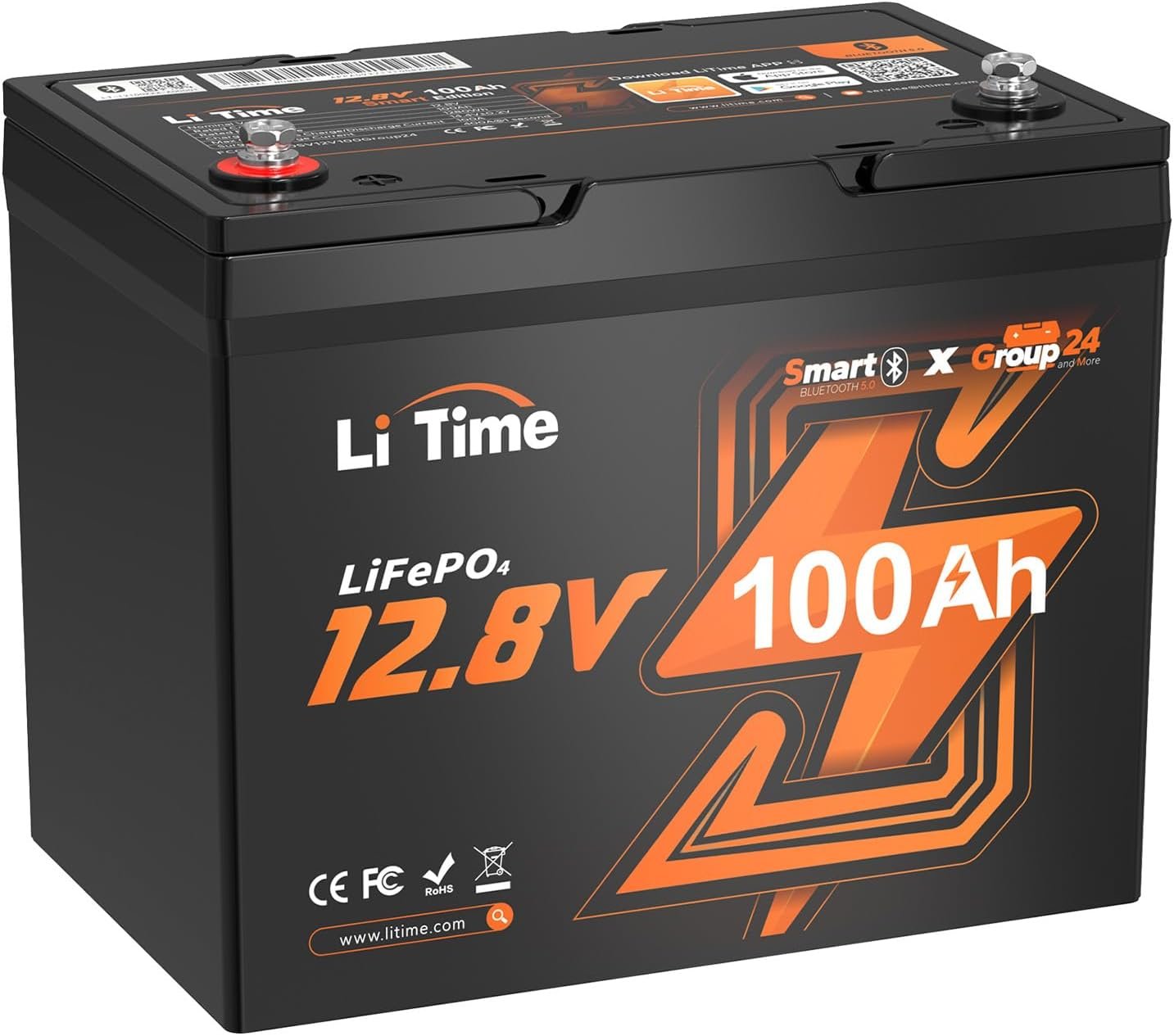 LiTime 12V 100Ah Group 24 Bluetooth LiFePO4 Battery