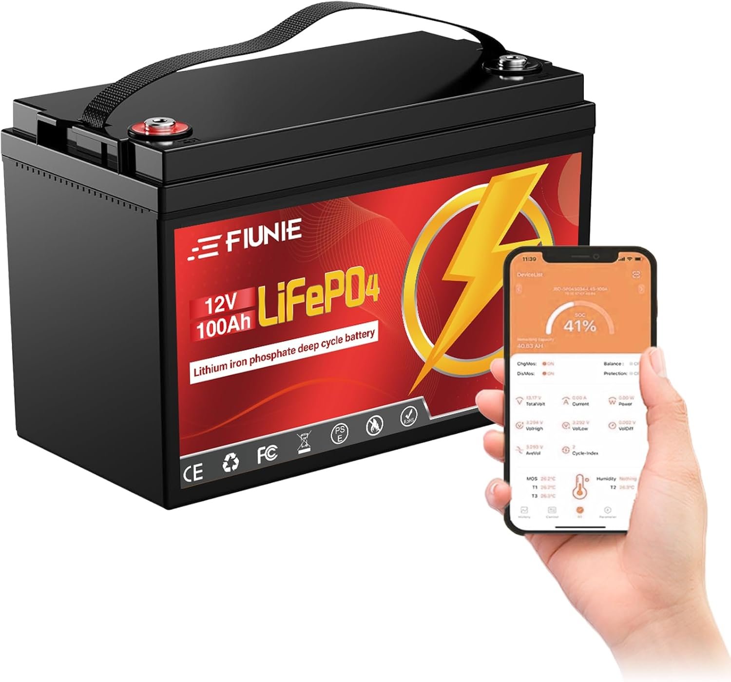 FIUNIE 12V 100Ah lithium battery with Bluetooth